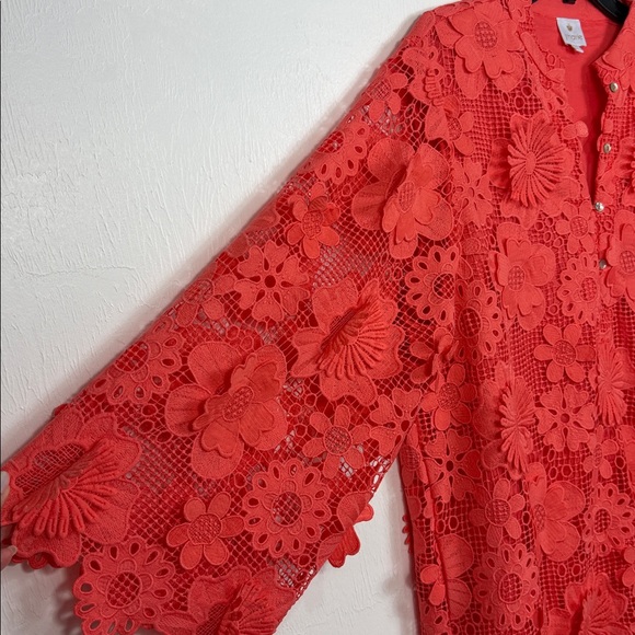 J. Marie The Seraphina Dress Coral Floral Lace Appliqué Crochet Sheer Overlay L - Picture 4 of 9